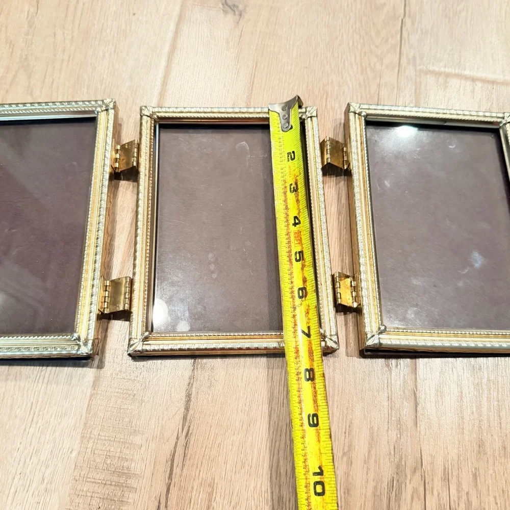 Vintage MCM Tri-fold‎ Picture Photo Frame Gold Tone Ornate Metal Hinged, 5”x7”